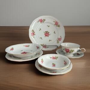 Haviland 7 Pc Pink Roses Gold Trim Bavaria Chippendale Plate Bowl JOH172 Johann